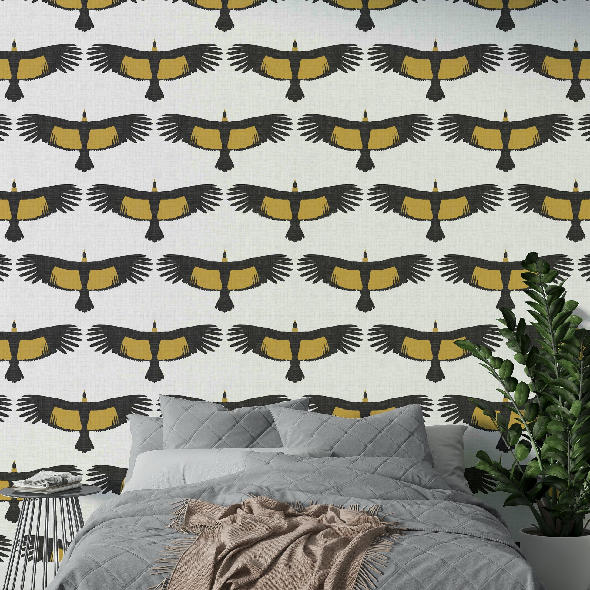Serene condor flock design on airy white wallpaper

