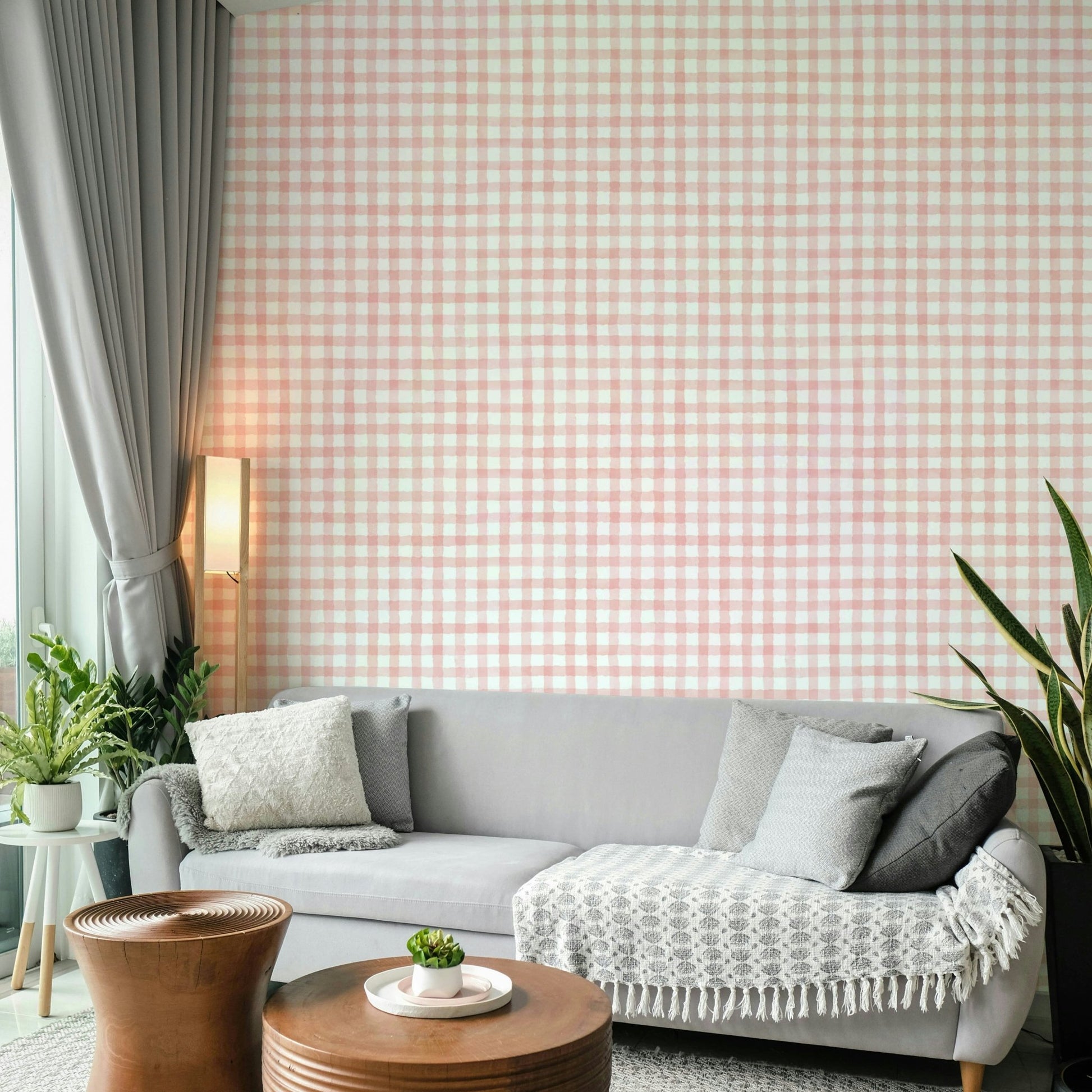 Neutral gingham wallpaper for nursery walls
