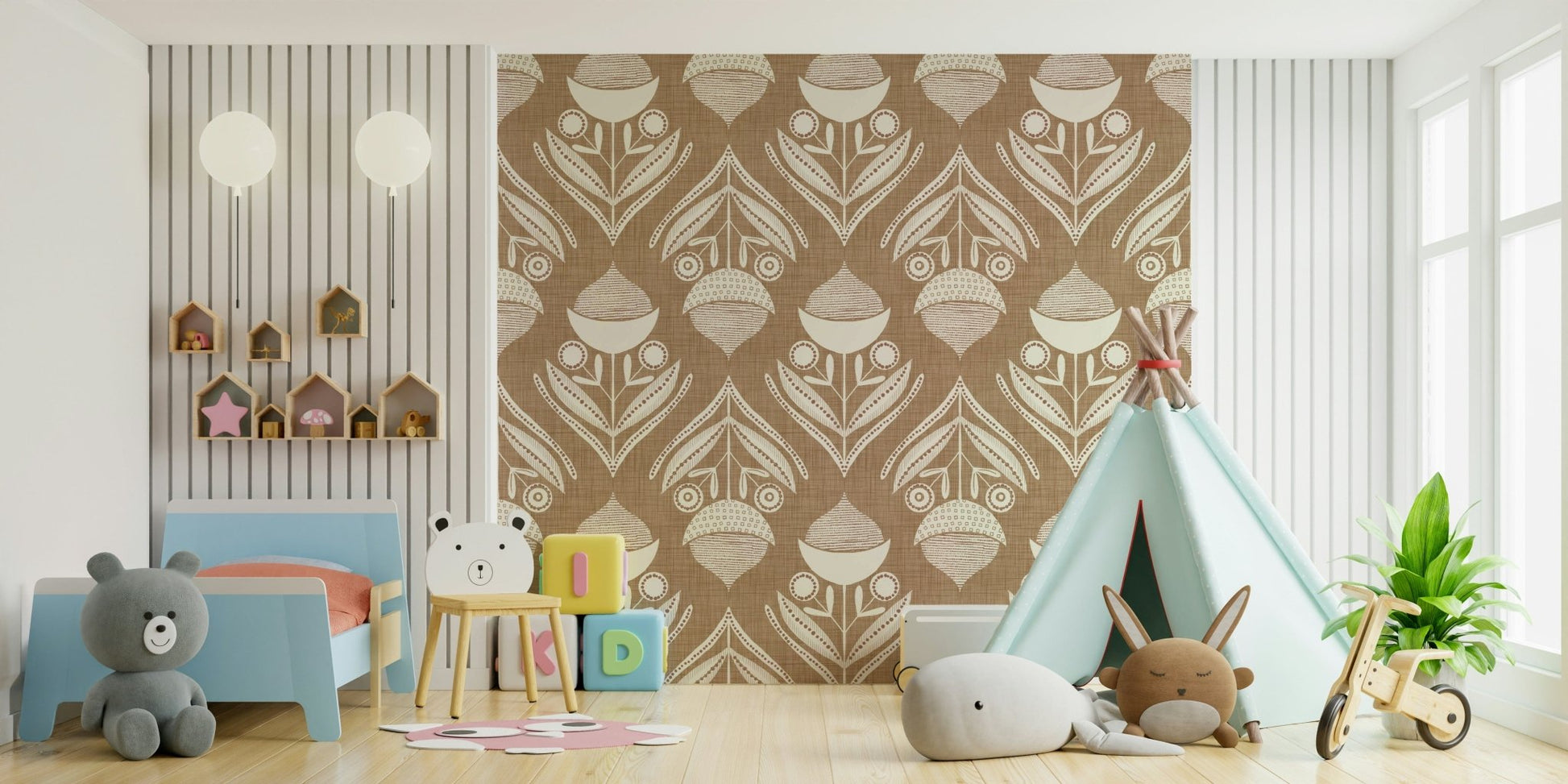 Repeating botanical motif with curved leaves, small buds, and textured seed pods in earthy shades