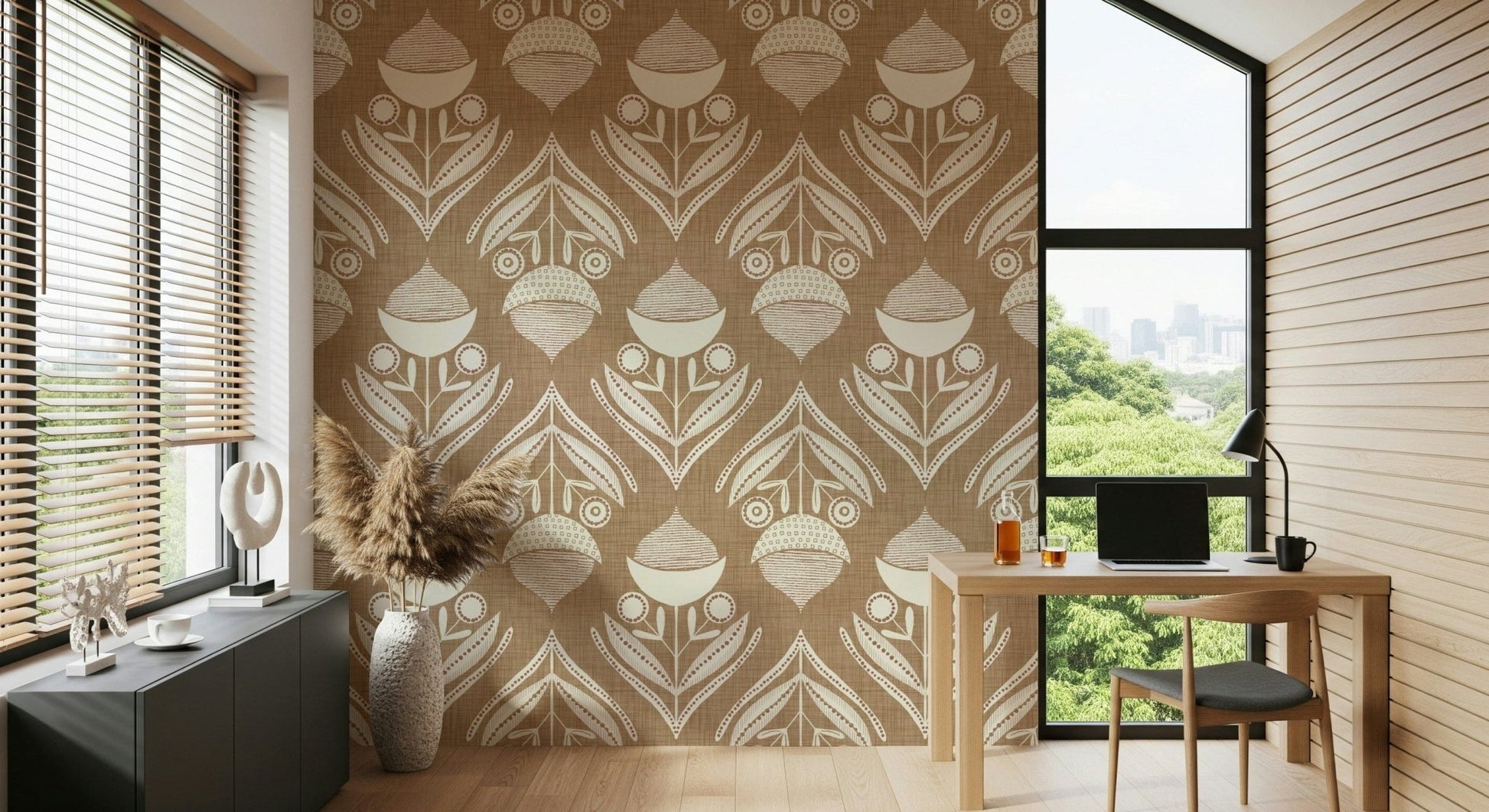 Stylized botanical pattern with symmetrical blooms and curved leaves in cream over a rustic brown base