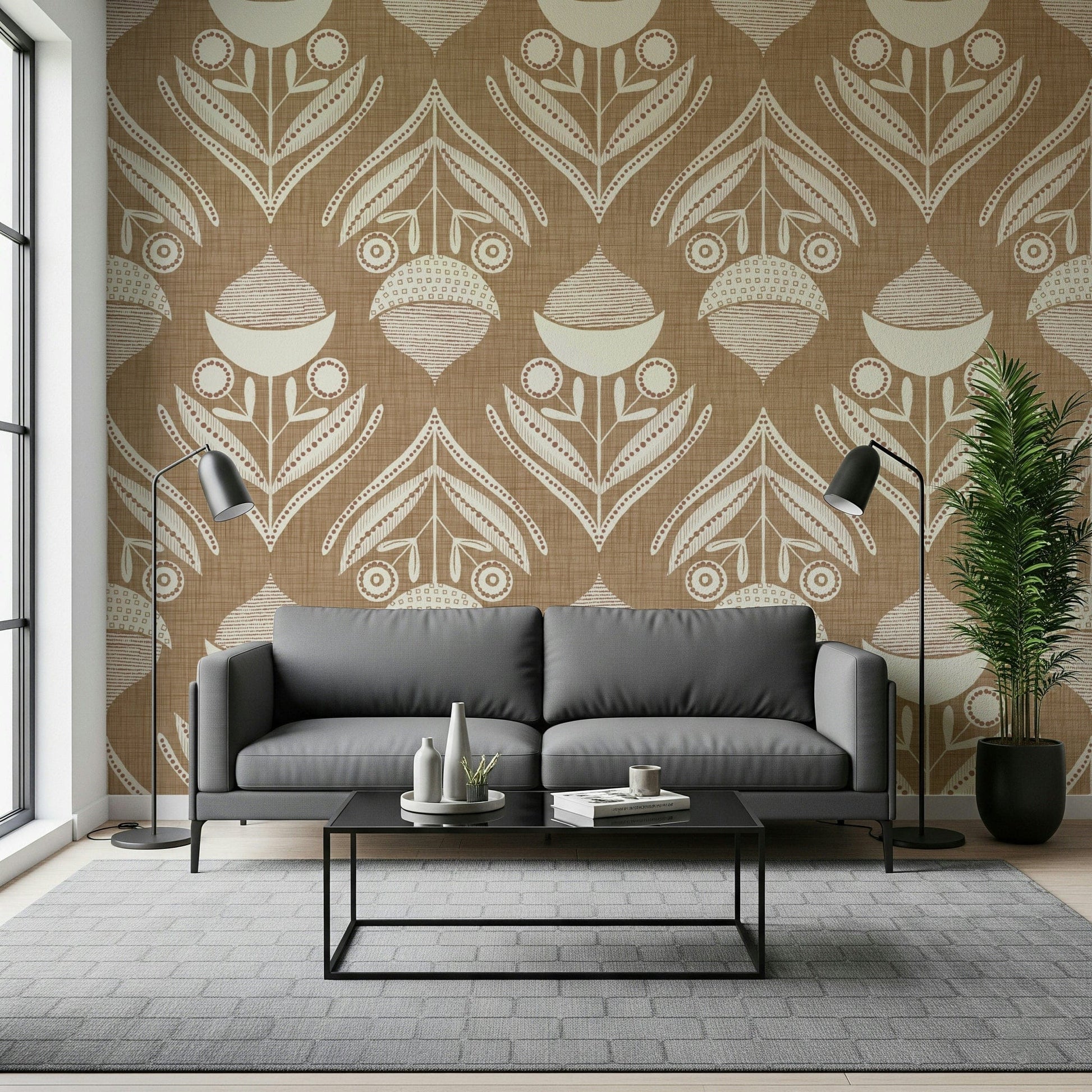 Repeating floral design with abstract seed pods and dotted detailing on a brown woven texture