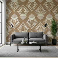 Repeating floral design with abstract seed pods and dotted detailing on a brown woven texture