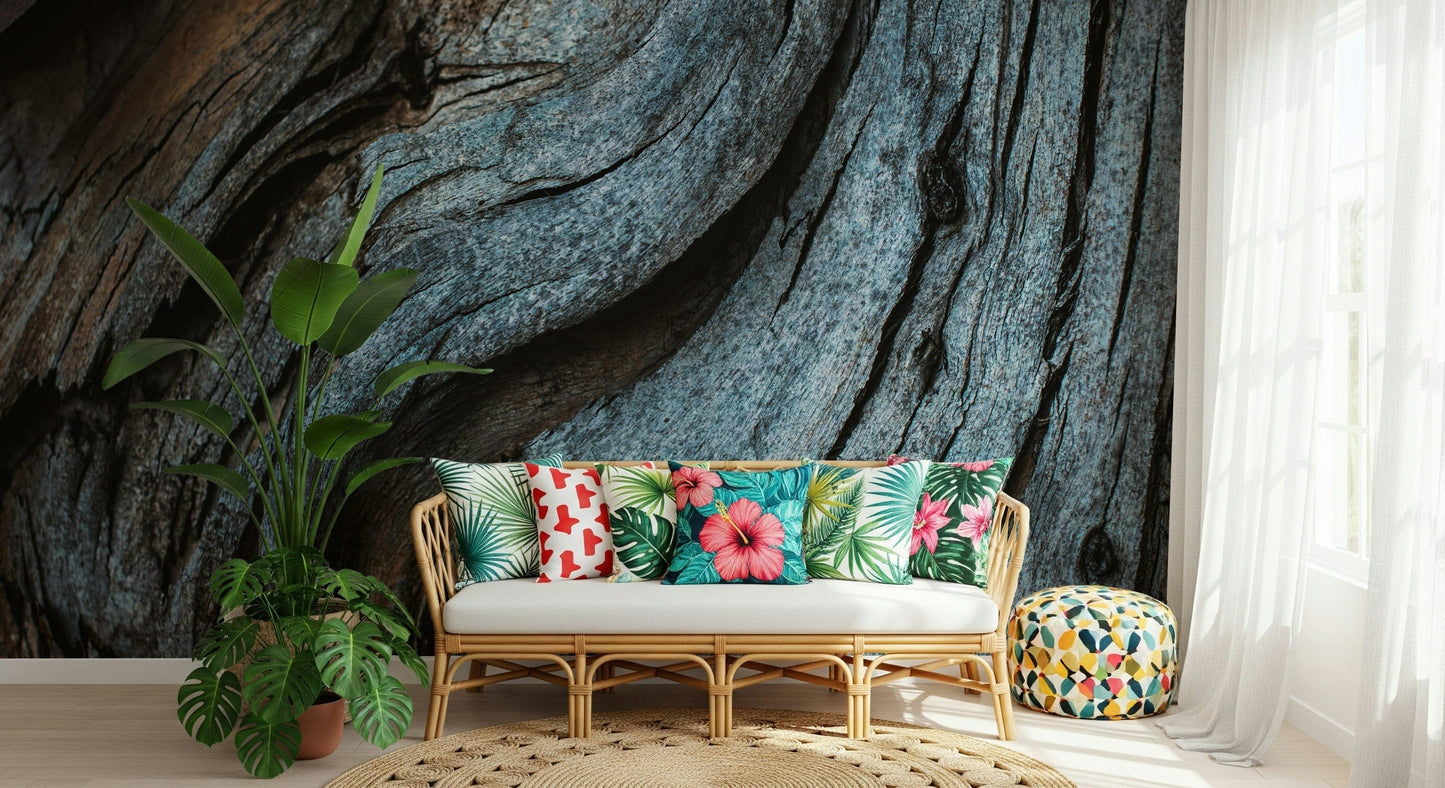 Textured rustic blue wood wallpaper mural for cozy, vintage-inspired, or eclectic interior spaces.