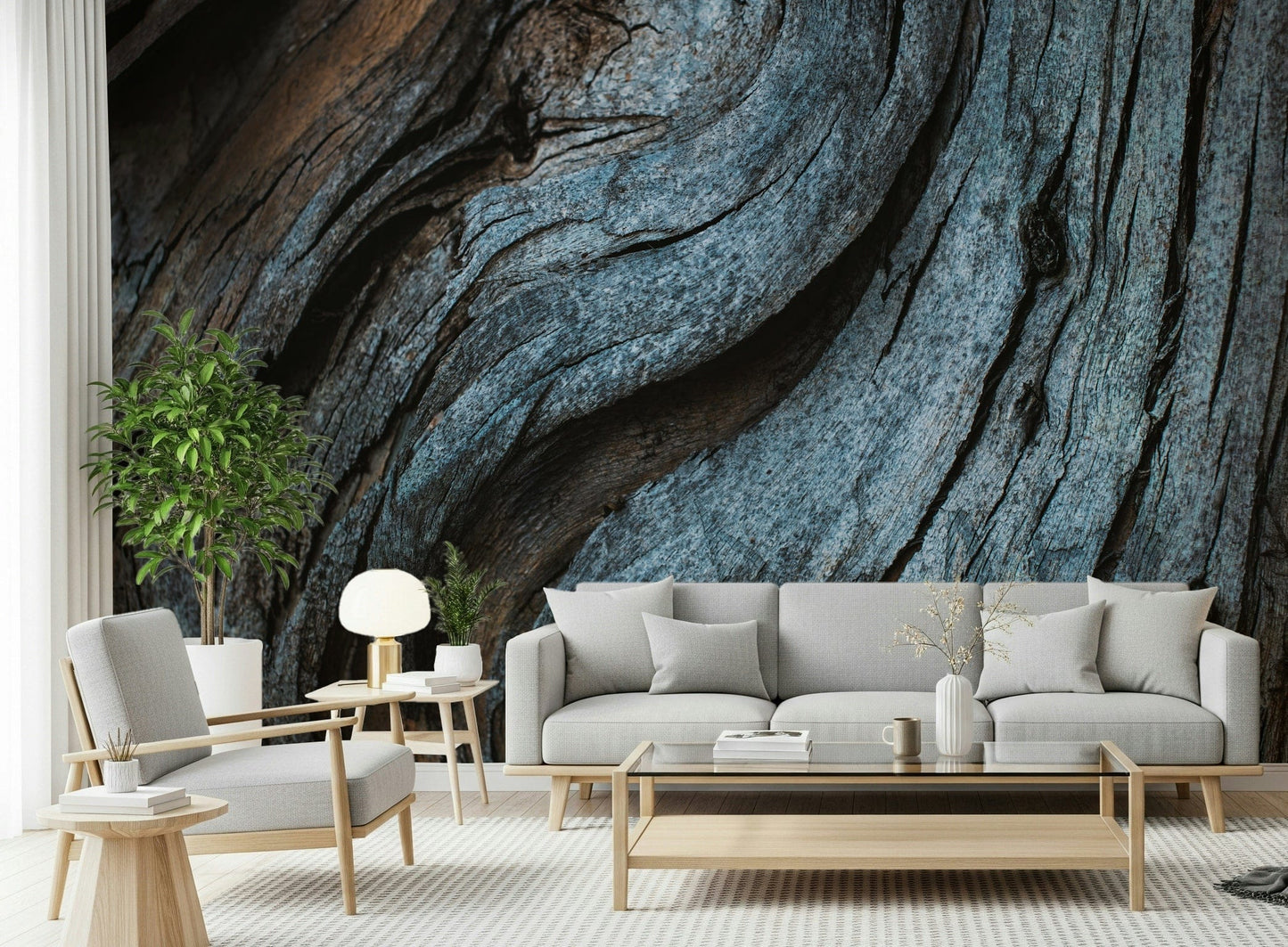 Rustic wood wallpaper mural in faded blue hues creating a warm, textured, and inviting feature wall.