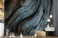 Textured wall mural with rustic blue wood panels adding a vintage, nautical, or shabby-chic accent.