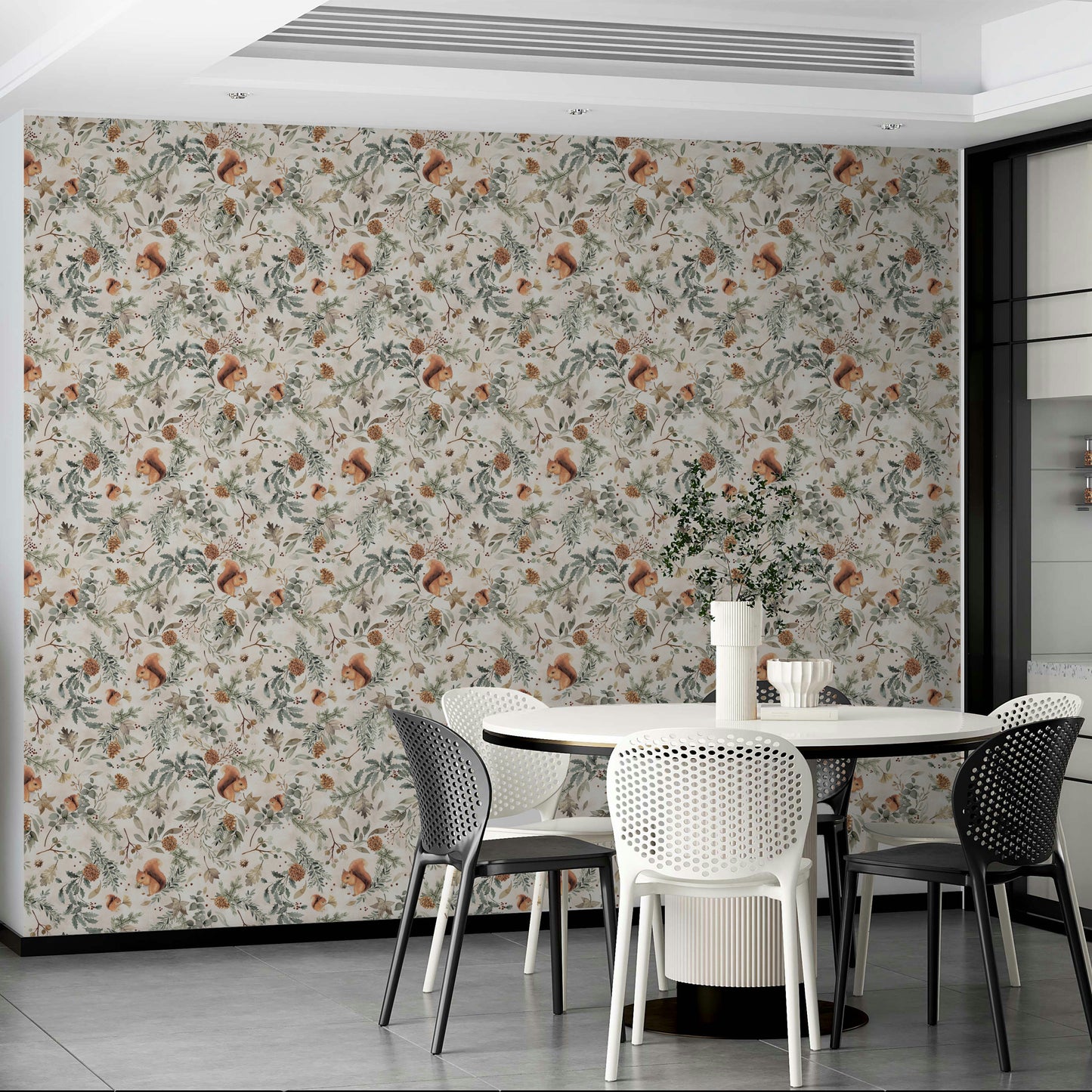 Cozy bedroom with botanical rustic leaf wallpaper

