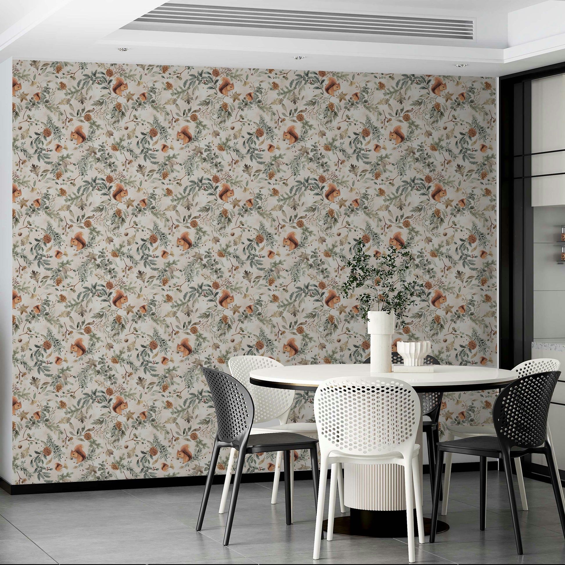 Cozy bedroom with botanical rustic leaf wallpaper

