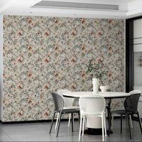 Cozy bedroom with botanical rustic leaf wallpaper

