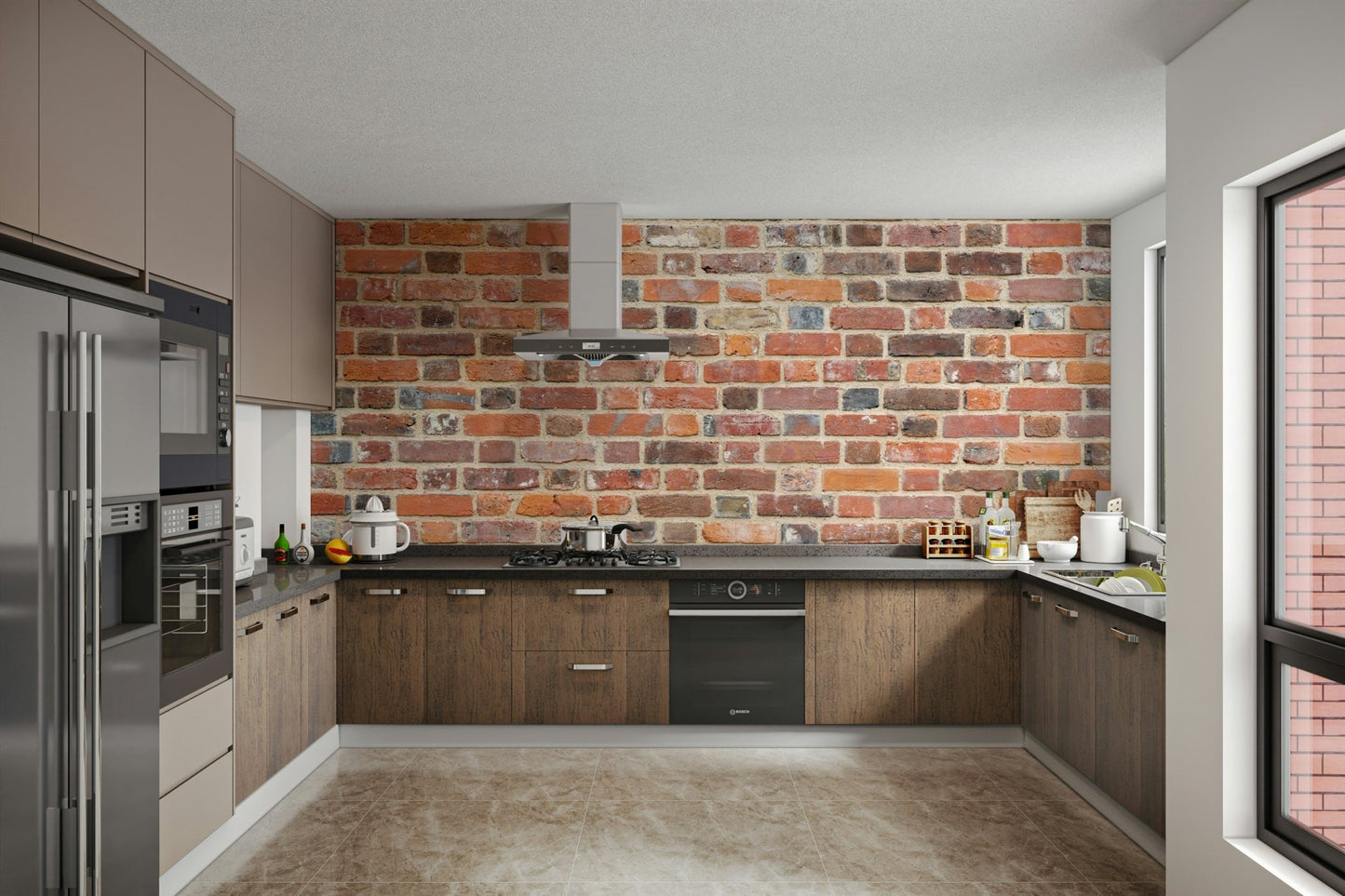 Weathered brick wall mural for creating an industrial atmosphere.

