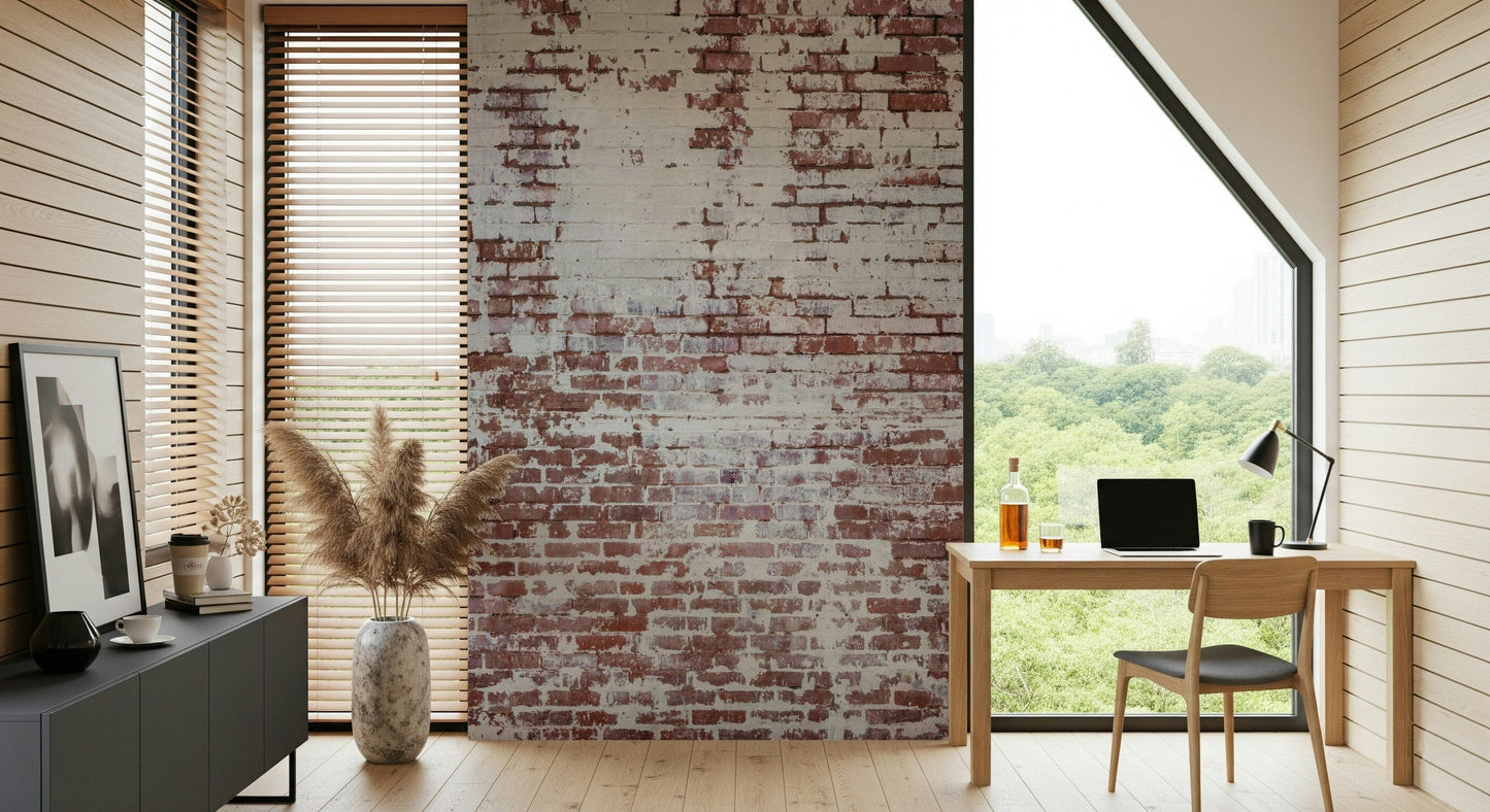 Textured mural with aged and deteriorated brickwork creating depth and character in living spaces.