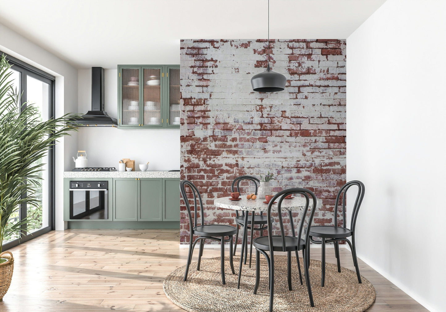 Textured wall mural with worn and aged brick patterns creating a gritty, urban accent wall.