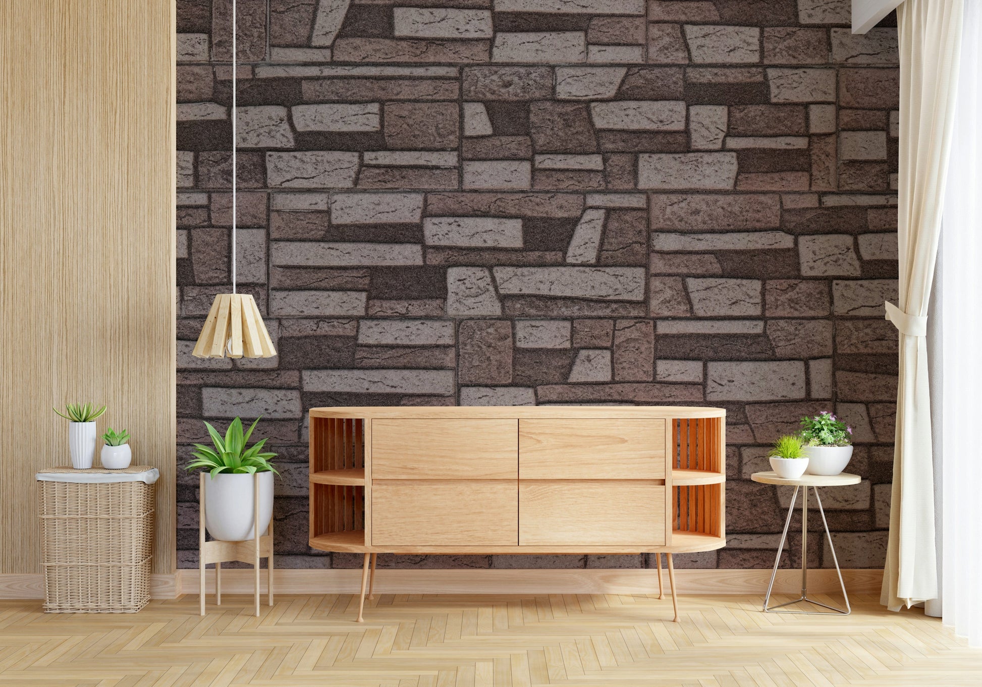 Artistic mural highlighting charming brickwork in earthy tones