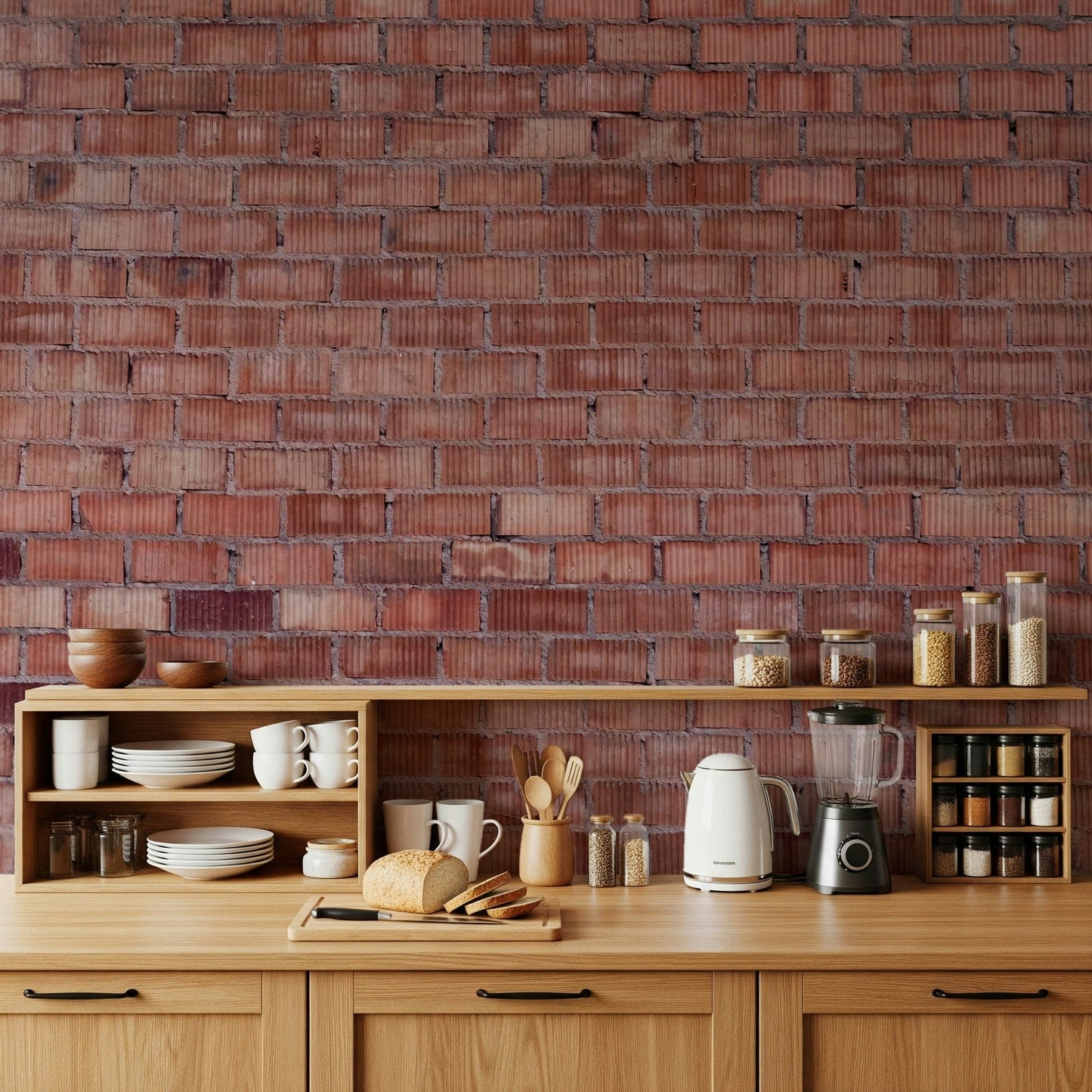 Terracotta Brick Wall Design Wall Mural featuring warm reddish-orange bricks with textured mortar for rustic interiors.