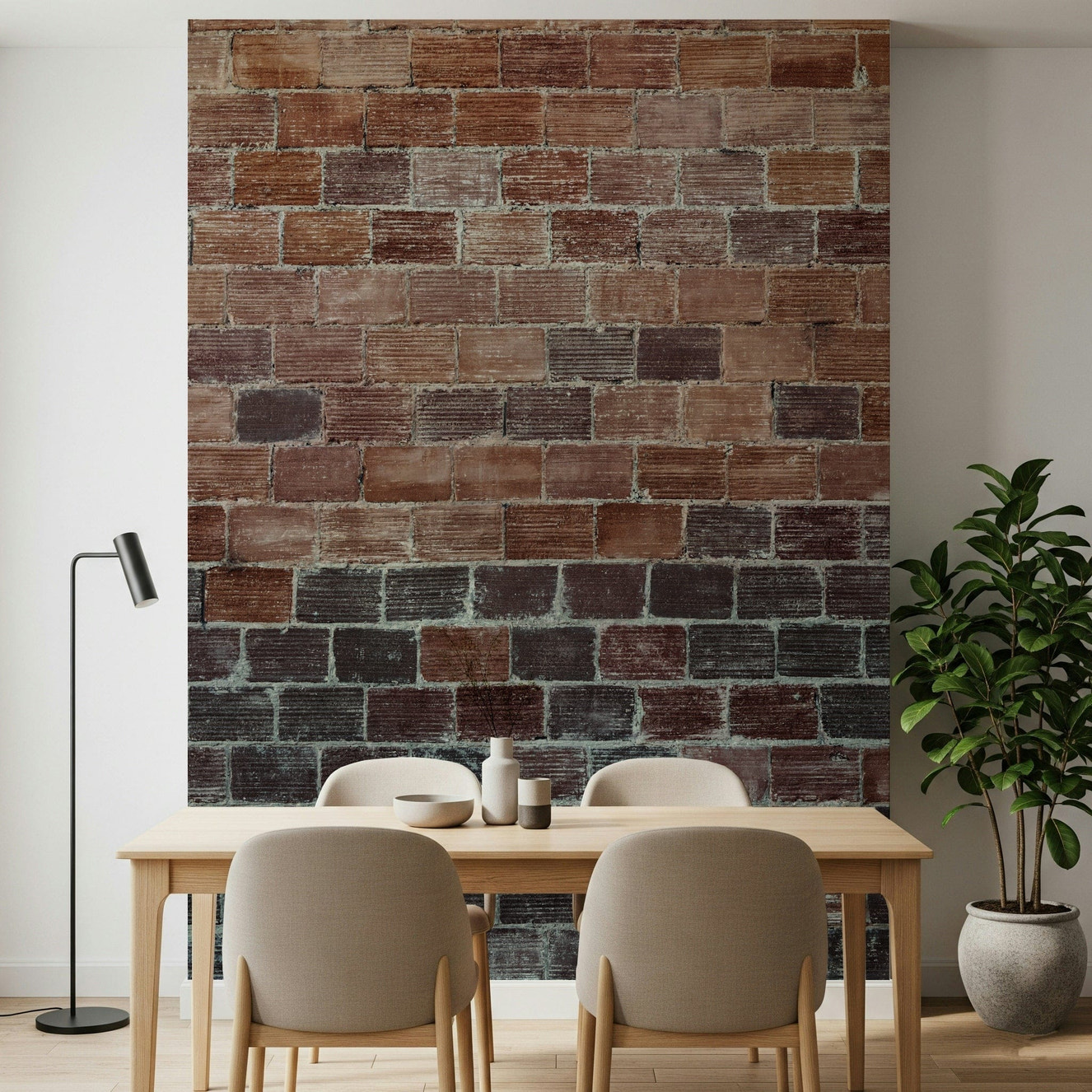 Textured wall mural with aged brick patterns adding character and vintage charm to living spaces.