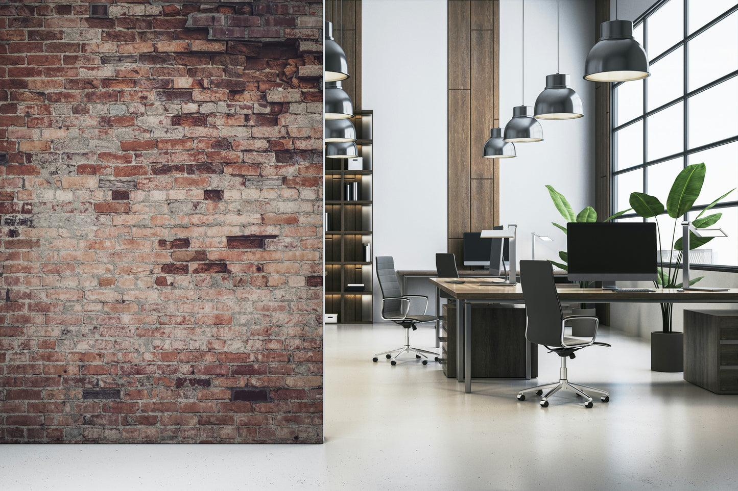 Wall mural combining concrete, brick, and rough textures to create a stylish industrial loft feel.