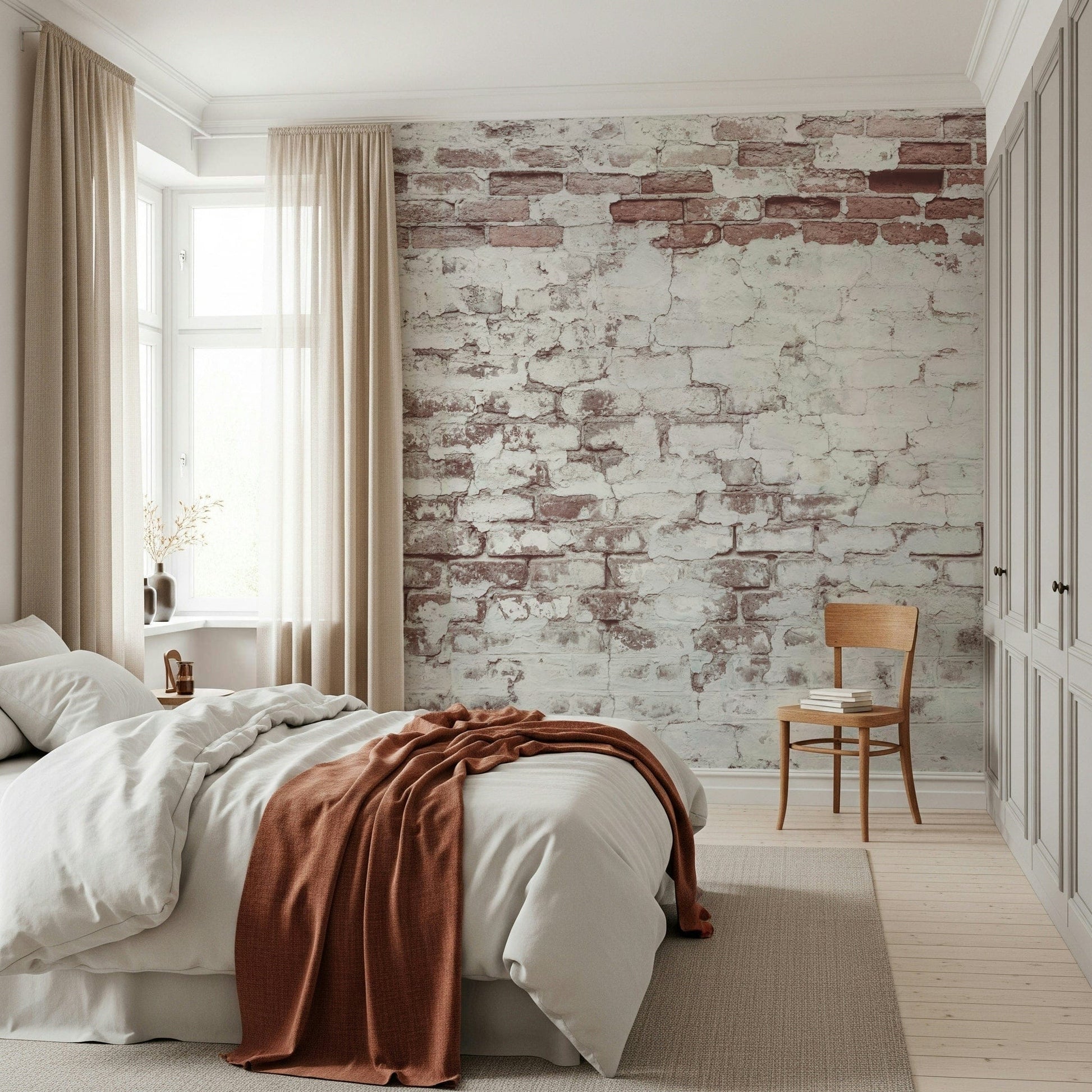 Textured wall mural with washed, vintage brick patterns creating a warm and inviting accent wall.