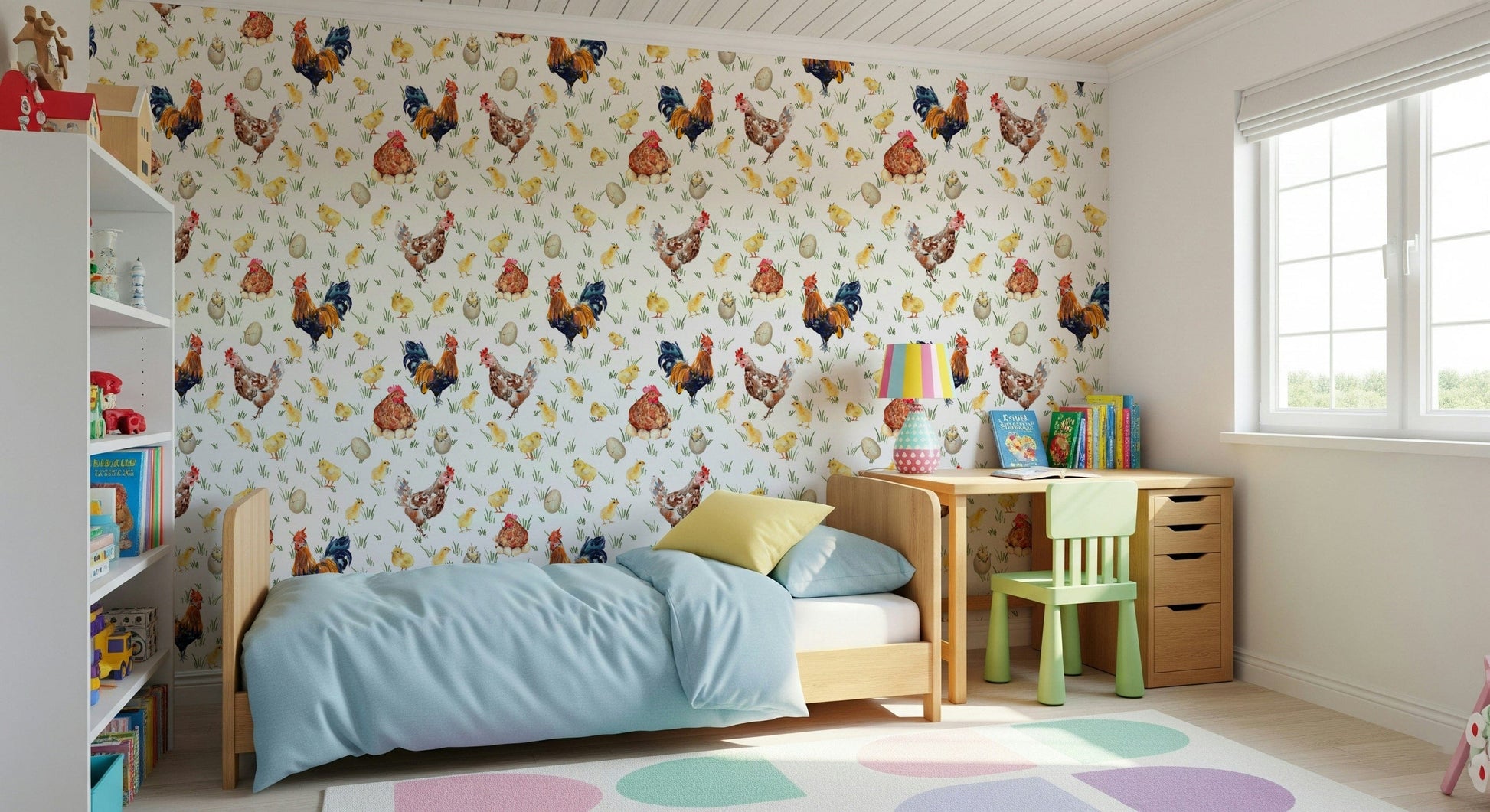 Nursery room Watercolor Chicken Coop wall paper design.