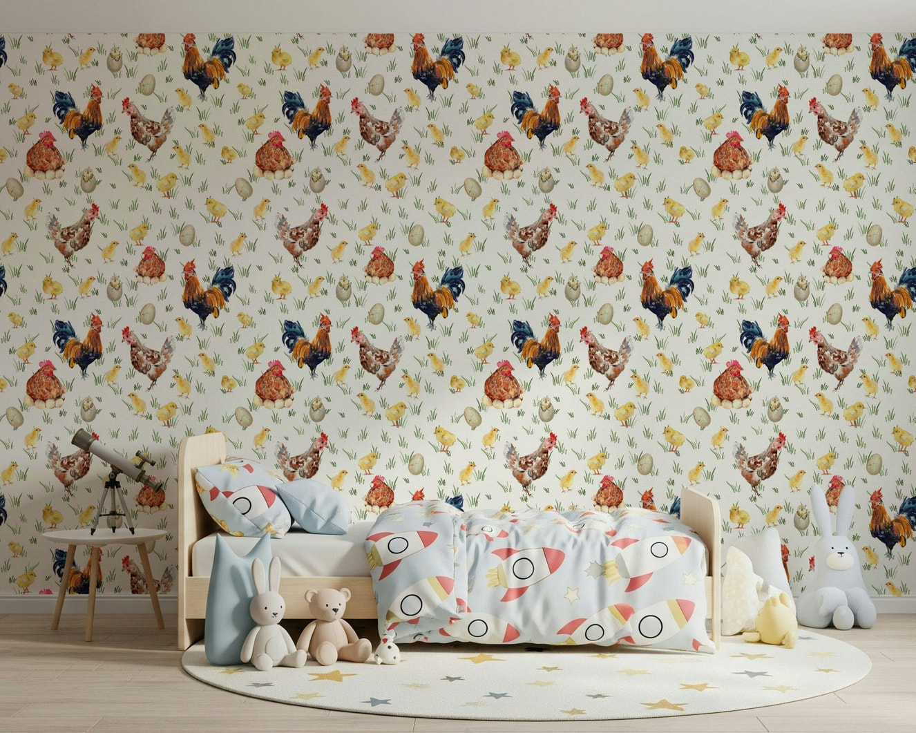 Cute Watercolor Chicken Coop wallpaper with small chickens.