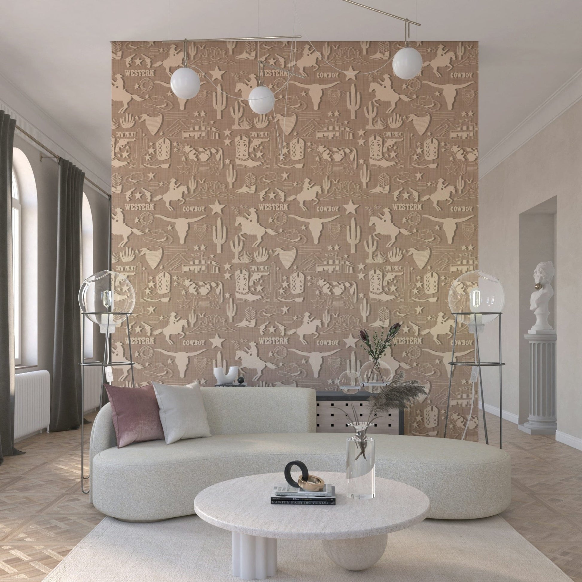 Western wallpaper mural with beige cowboy silhouettes, stars, cacti, and frontier elements.