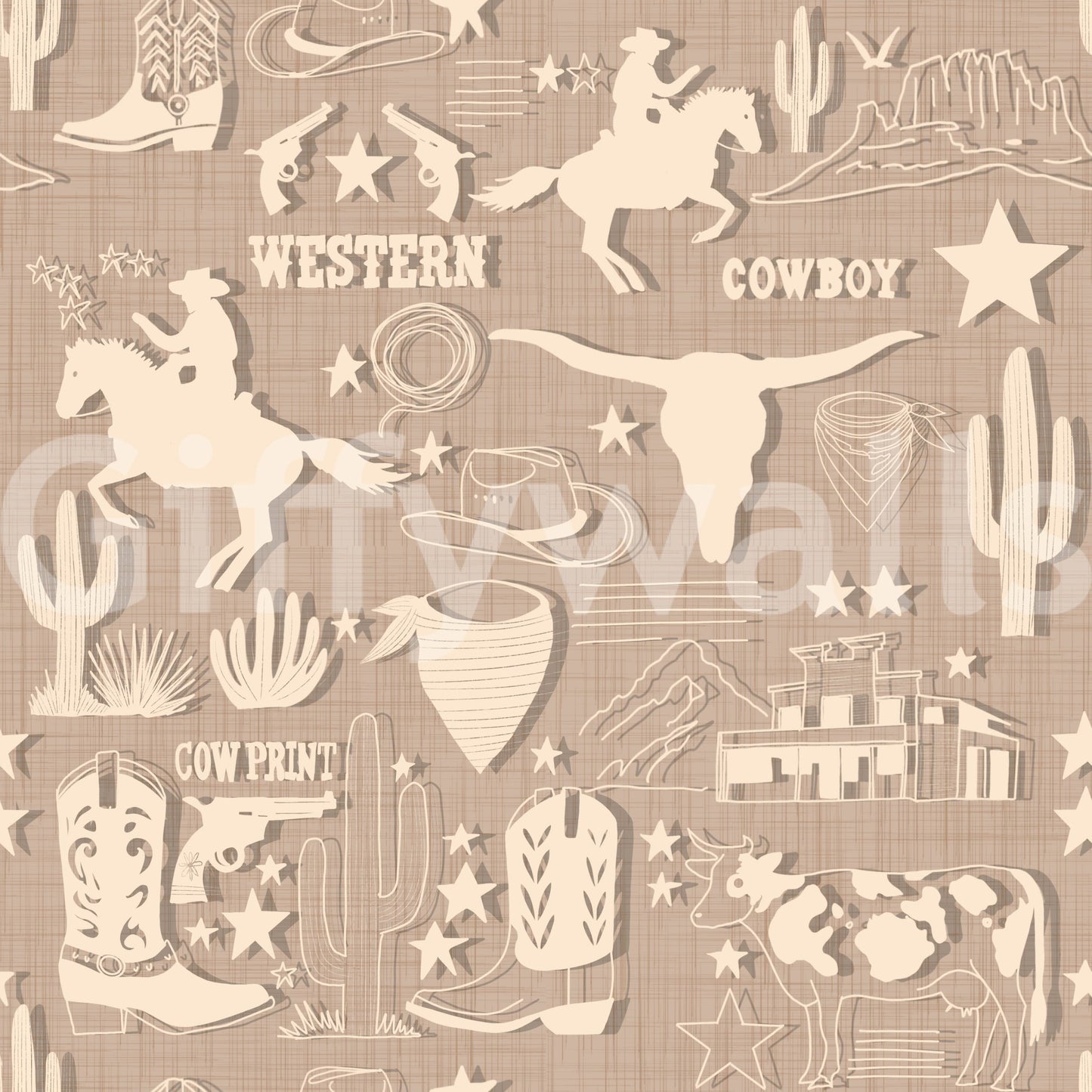 Patterned western wallpaper featuring cowboys, horses, and desert motifs in a muted rustic texture.