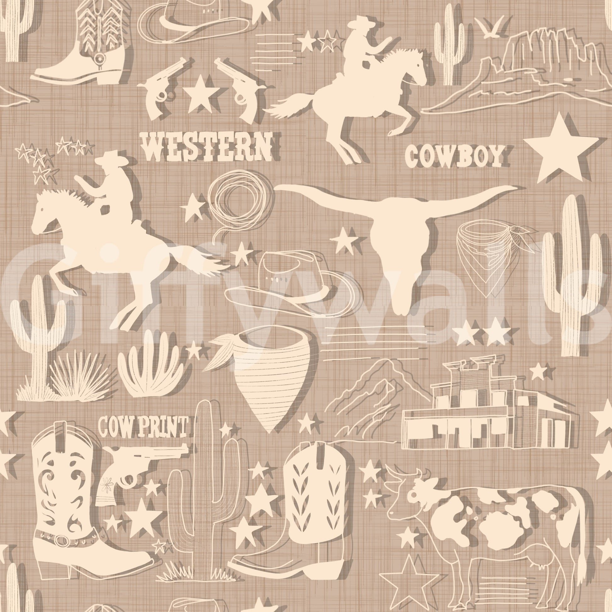 Patterned western wallpaper featuring cowboys, horses, and desert motifs in a muted rustic texture.