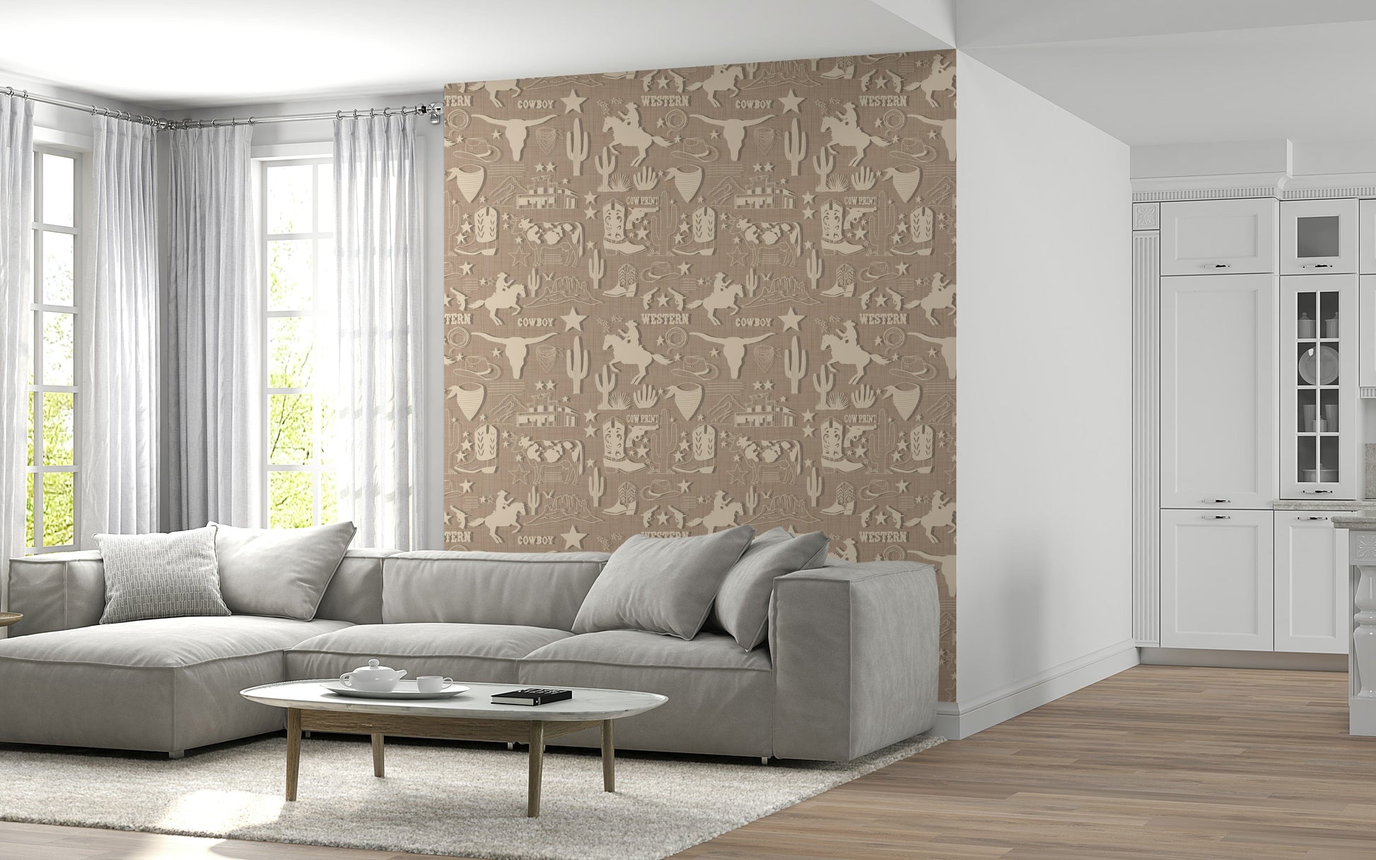 Vintage western wallpaper mural with muted beige cowboy elements arranged in a seamless layout.