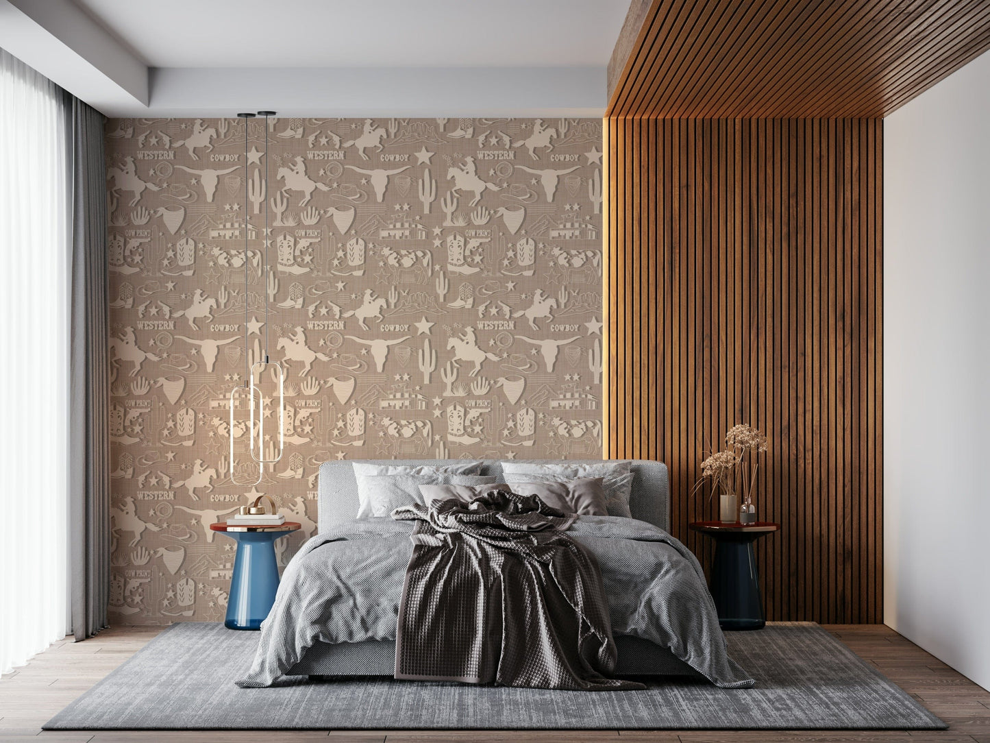 Rustic Cowboy Dream wallpaper showcasing silhouettes of horses, cacti, stars, and cowboy hats in a repeating pattern.
