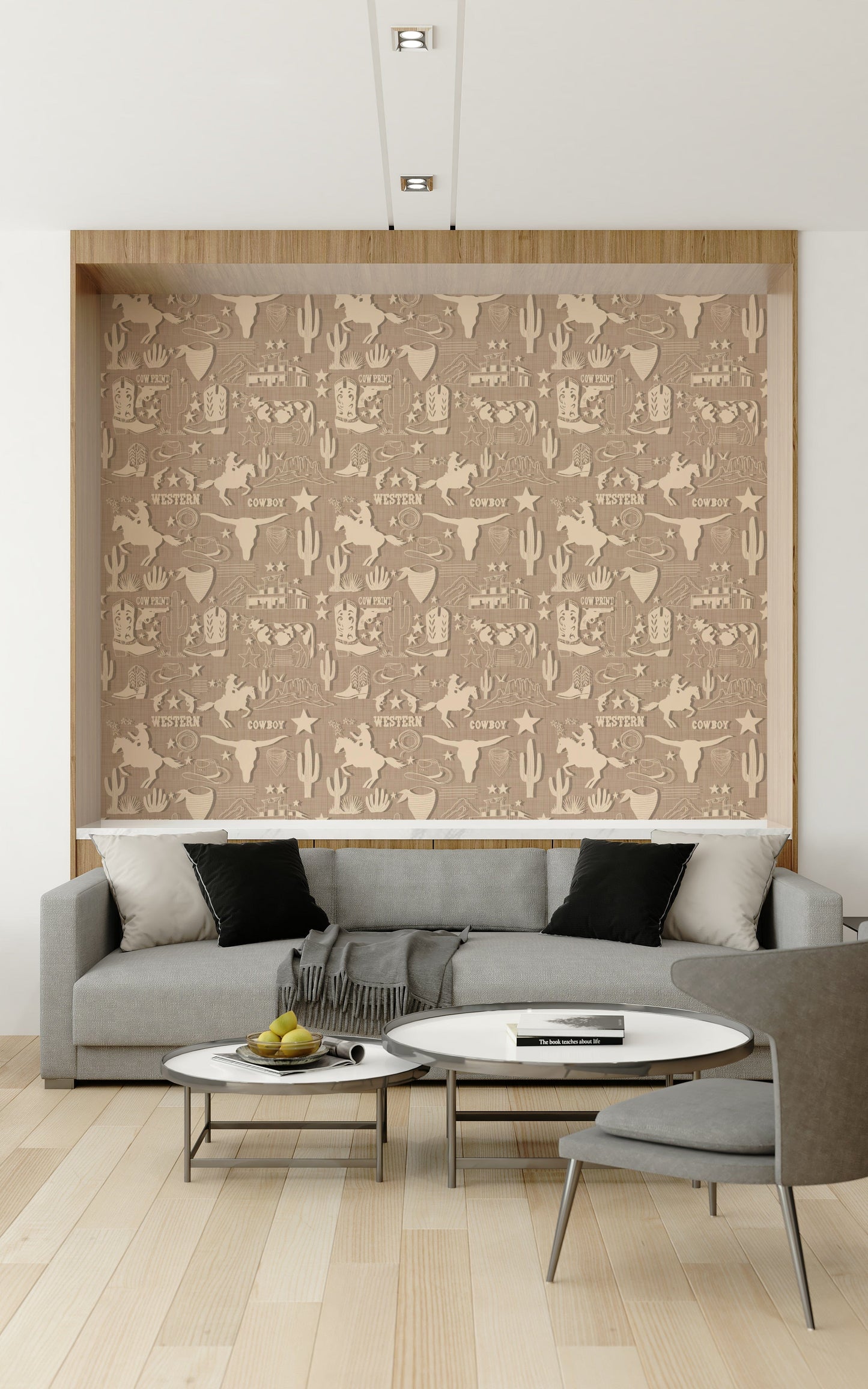 Rustic Cowboy Dream wallpaper featuring western-themed icons like cowboys, cacti, boots, and longhorns in soft beige tones.