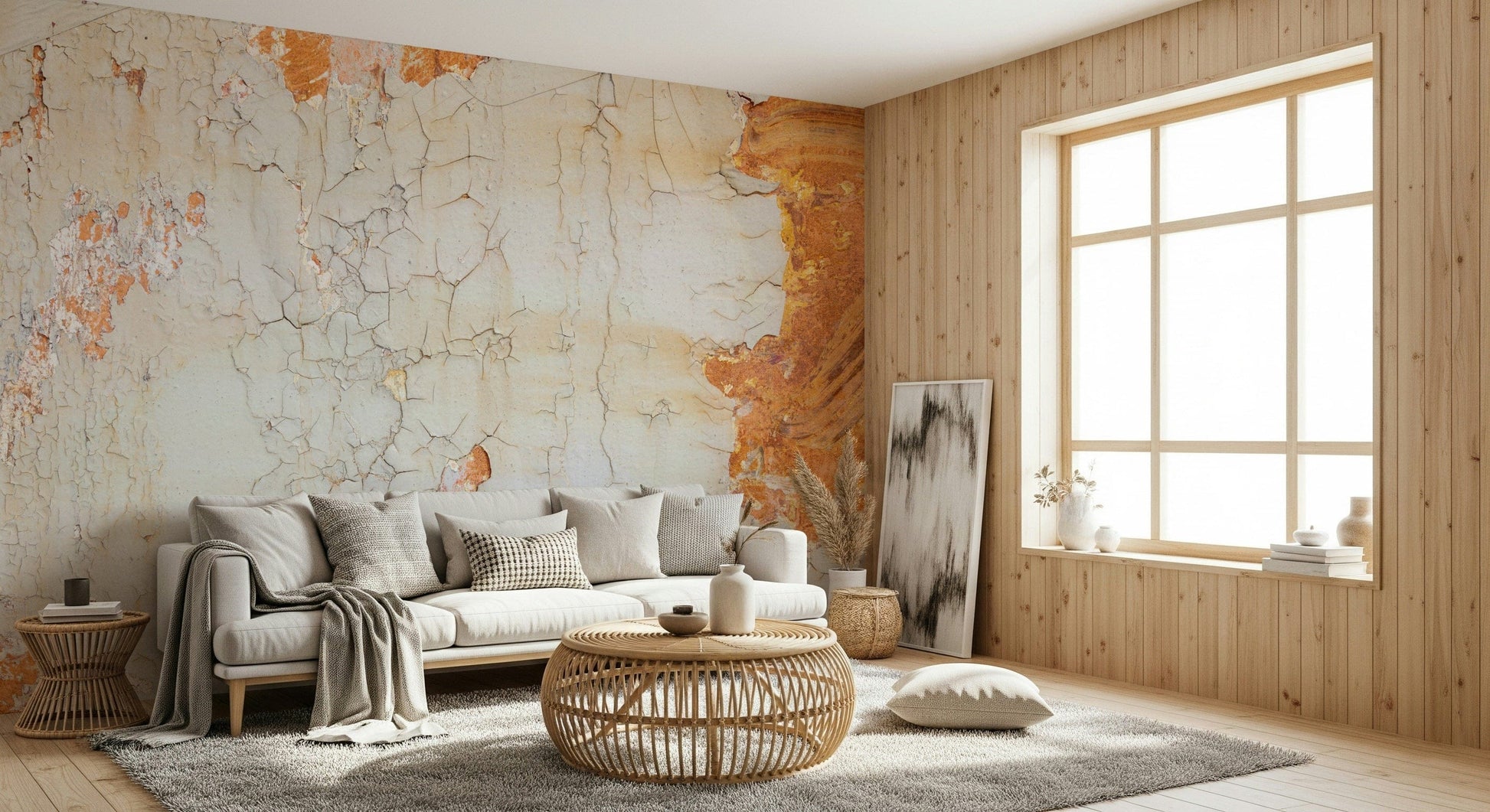 Cracked plaster effect wallpaper mural with subtle color variations for modern rustic interiors.