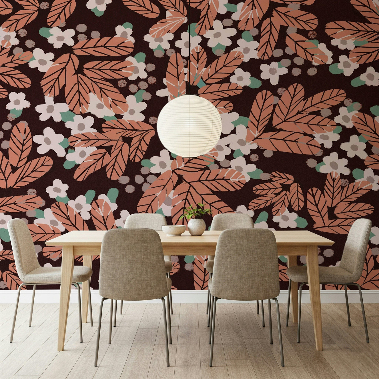 An artistic delicate daisy mural on minimalist wallpaper.

