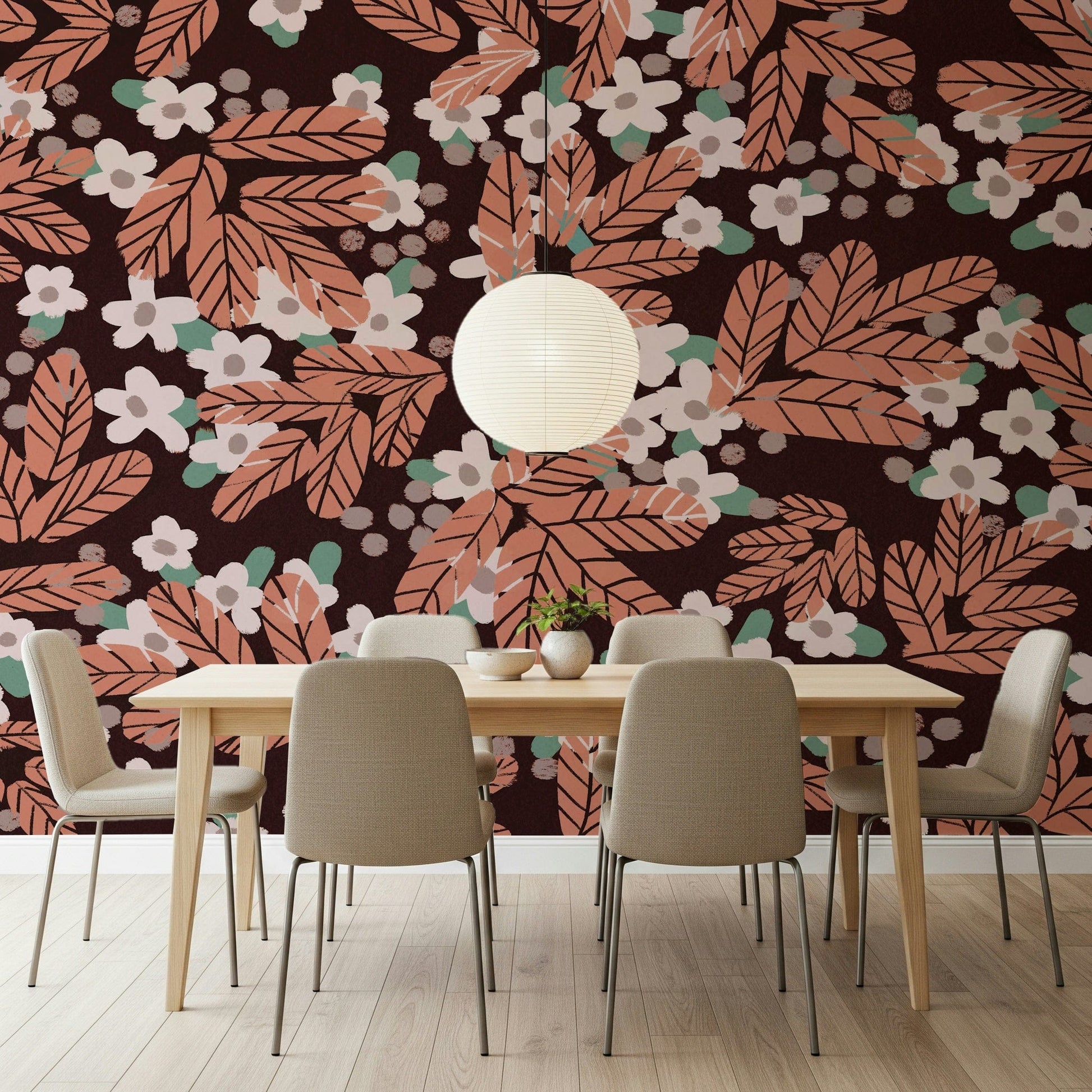 An artistic delicate daisy mural on minimalist wallpaper.

