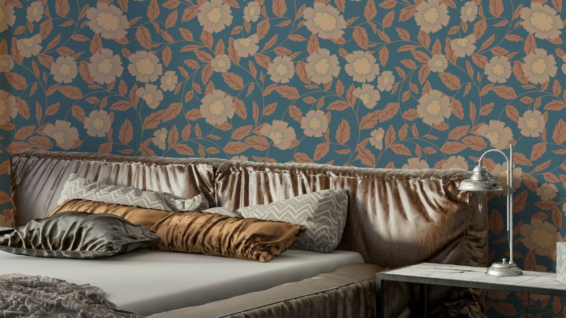 The image shows a repeating pattern of charming flowers and leaves.

