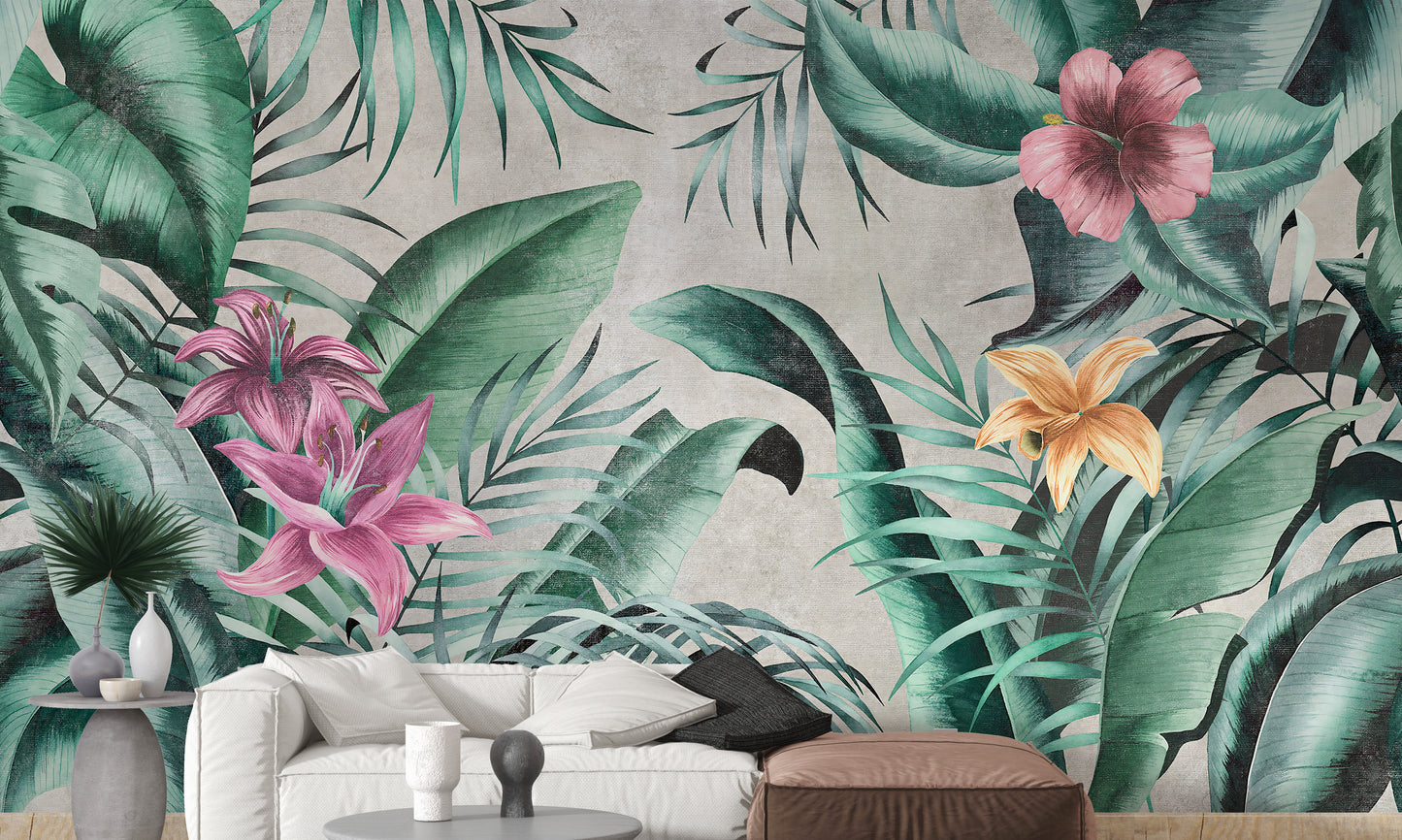 Rustic Floral Large Green Leaves Wallpaper Mural