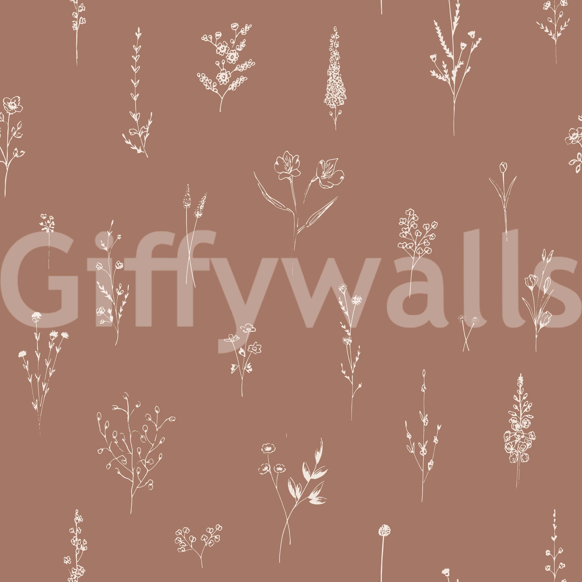 Minimalist cream-on-brown floral artwork with scattered botanical sketches for a rustic feel