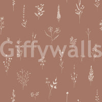 Minimalist cream-on-brown floral artwork with scattered botanical sketches for a rustic feel