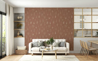 Brown wallpaper decorated with thin botanical illustrations in a rustic, hand-drawn style