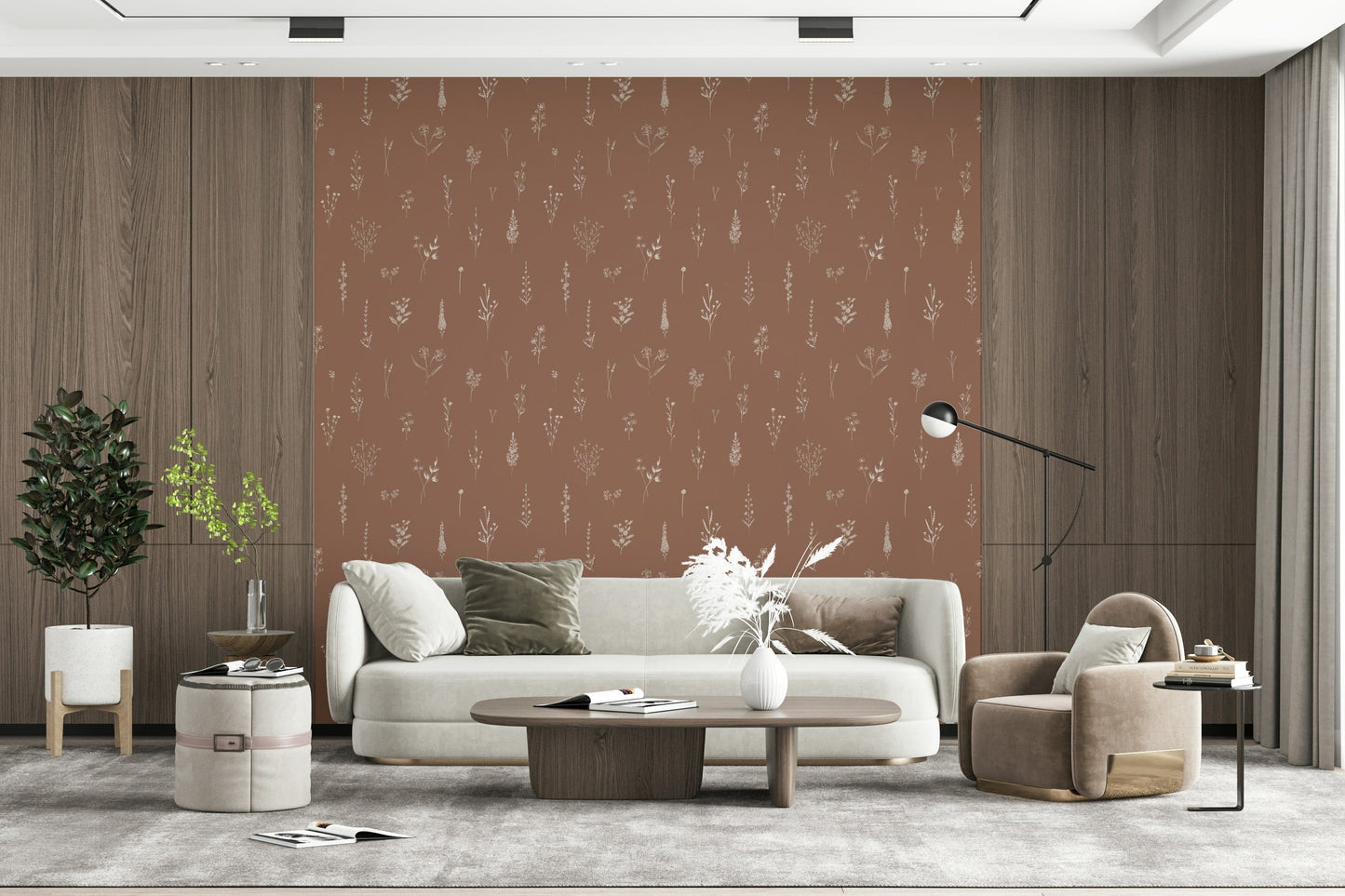 Repeating pattern of simple floral doodles in soft cream tones on a muted brown backdrop