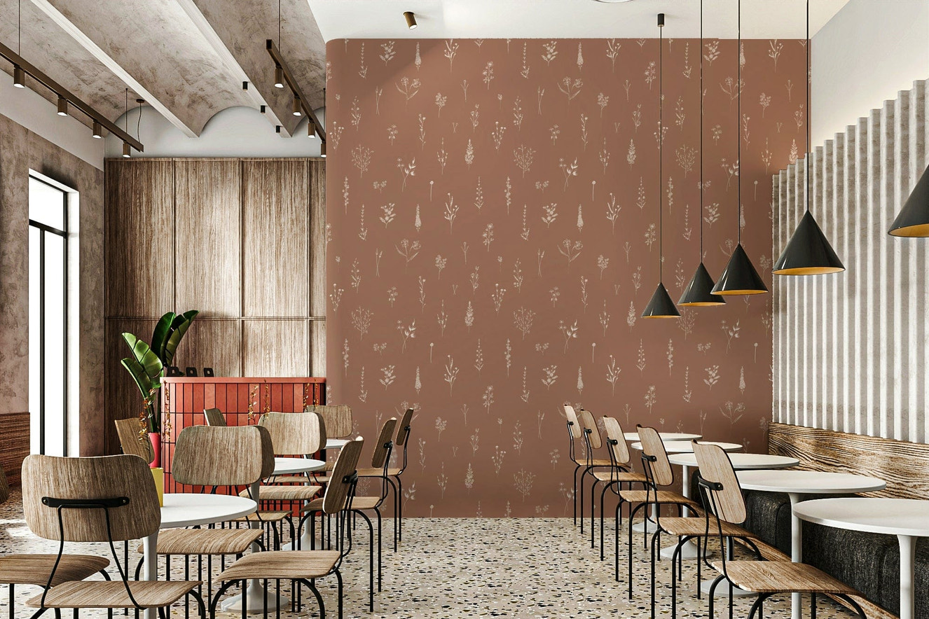 Rustic bloom sketch wallpaper featuring delicate cream floral line drawings on a warm brown background