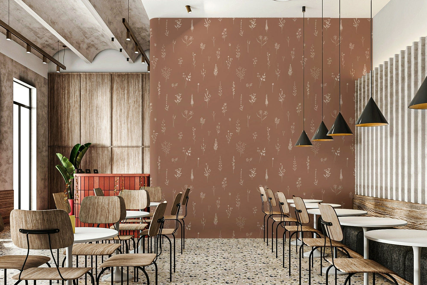 Rustic bloom sketch wallpaper featuring delicate cream floral line drawings on a warm brown background