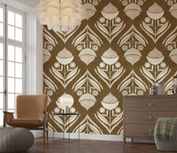 Artistic wallpaper mural showcasing organic floral motifs in neutral and warm earthy colors.