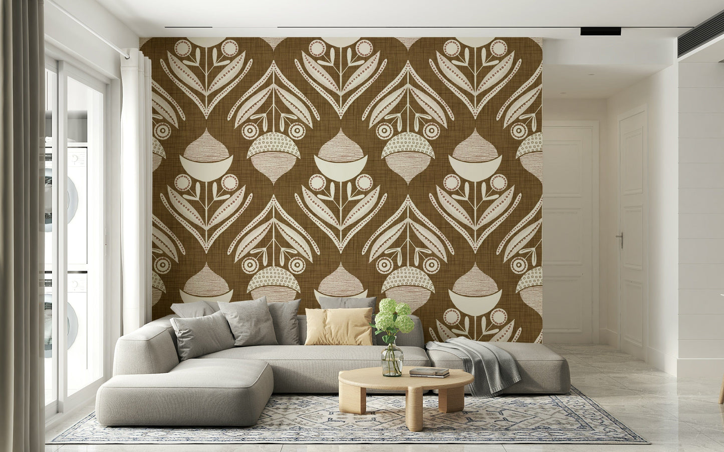 Rustic Floral wallpaper with charming stylized blooms and curved leaf forms in a repeating design.