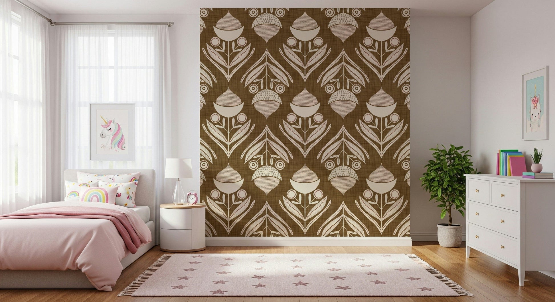 Vintage-inspired wallpaper mural with repeating rustic floral shapes and symmetrical folk-art patterns.