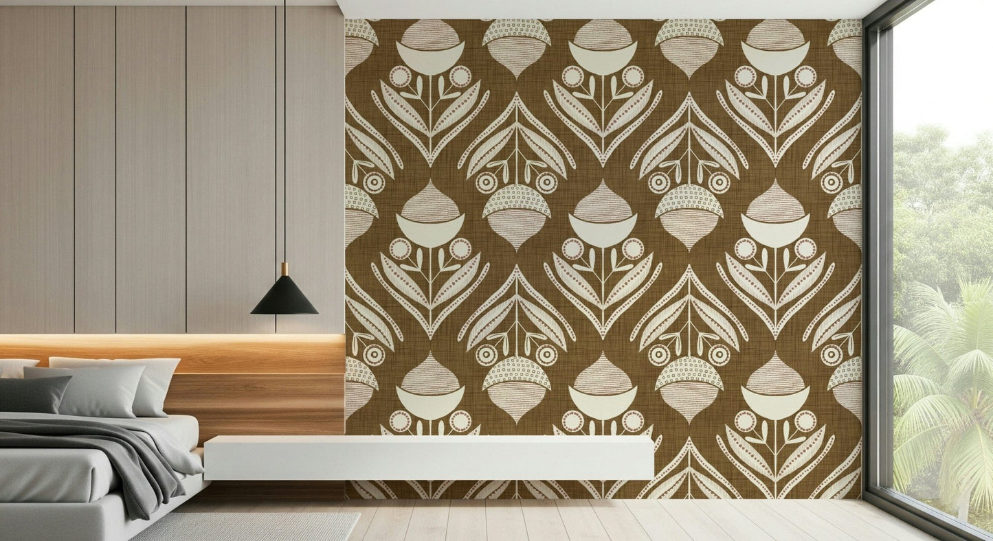 Rustic Floral wallpaper featuring stylized botanical motifs in cream and soft pink on a warm brown background.