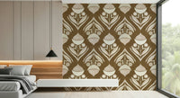 Rustic Floral wallpaper featuring stylized botanical motifs in cream and soft pink on a warm brown background.