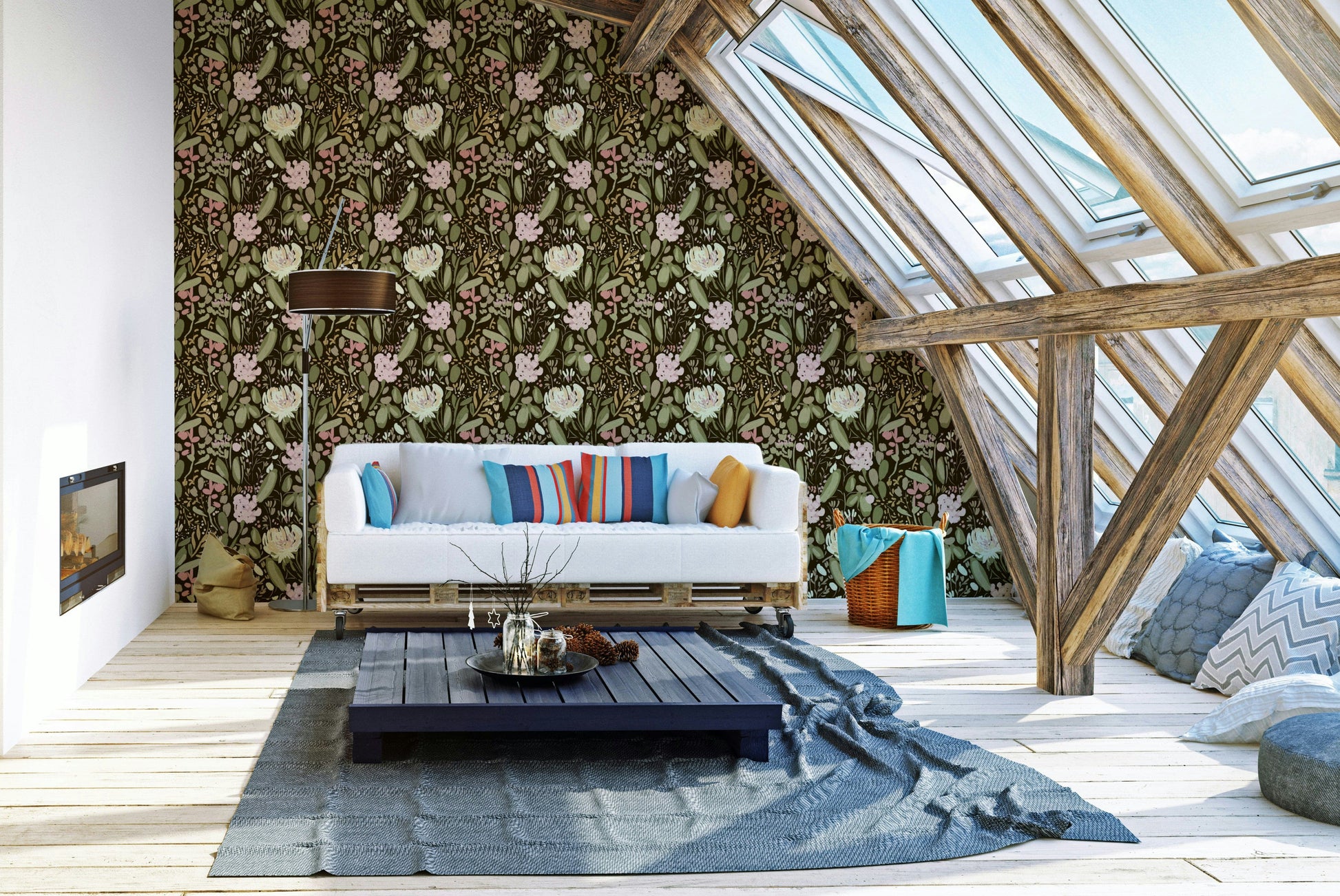 A calming floral abstract wallpaper mural that defines a space.

