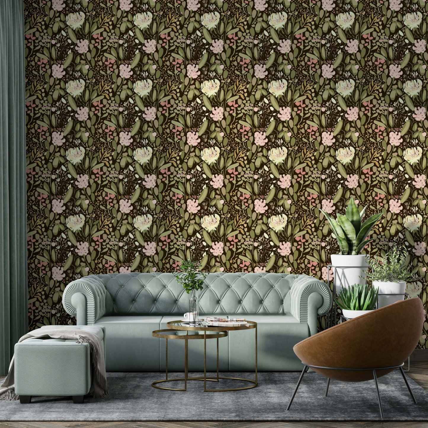 An artistic botanical scene mural on minimalist wallpaper.

