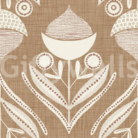 Rustic floral wallpaper blending cream petals and beige linework on a woven brown background