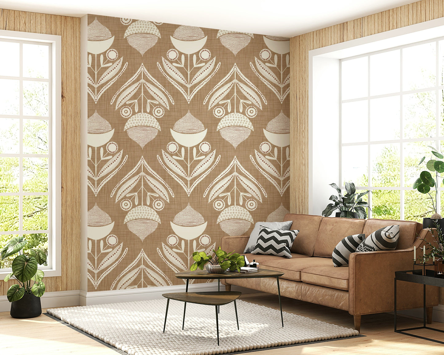 Artistic rustic bloom pattern with cream outlines and dotted textures over a warm brown surface