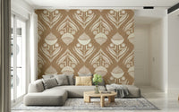 Earthy botanical wallpaper featuring abstract floral shapes on a textured brown backdrop