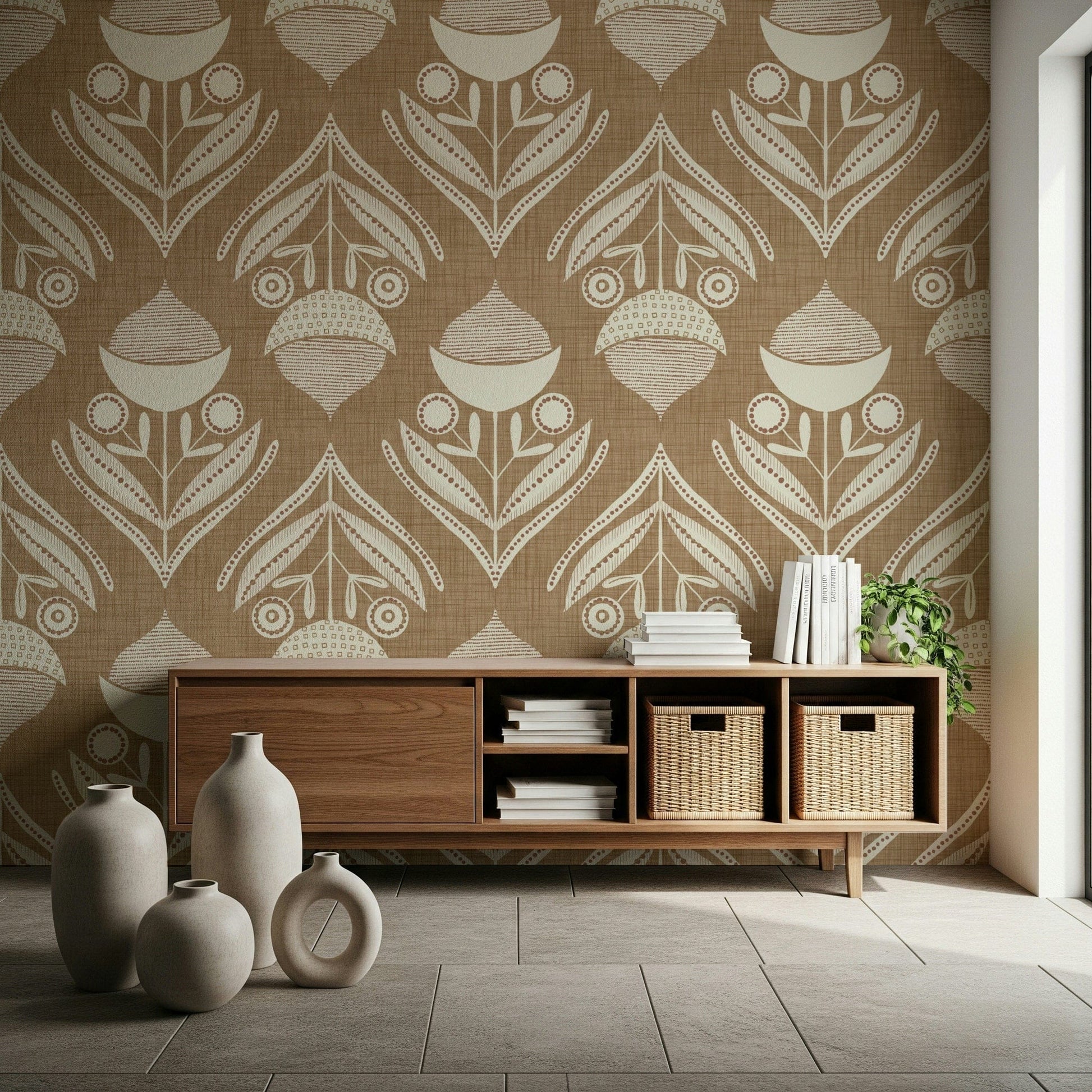 Folk-style floral motif with rounded buds, seed pods, and arched leaves in soft neutral tones